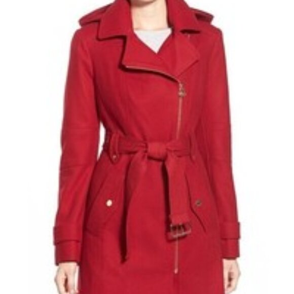 Michael Kors Women's Asymmetrical Belted Wool Blend 3/4 Coat Size PL Red - Picture 1 of 12